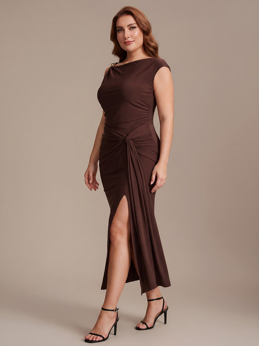 Color=Chocolate Brown | Factory Design High Stretch Bodycon Midi Dress with No Zipper and Sleeveless Design Skirts-Chocolate Brown 19