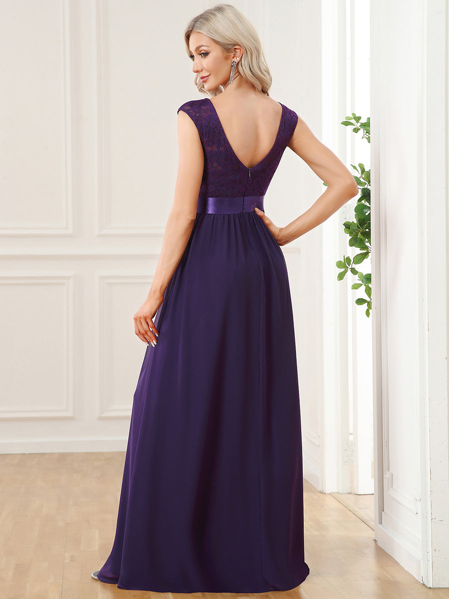Wholesale V Back Belted Lace & Chiffon Bridesmaid Dresses
