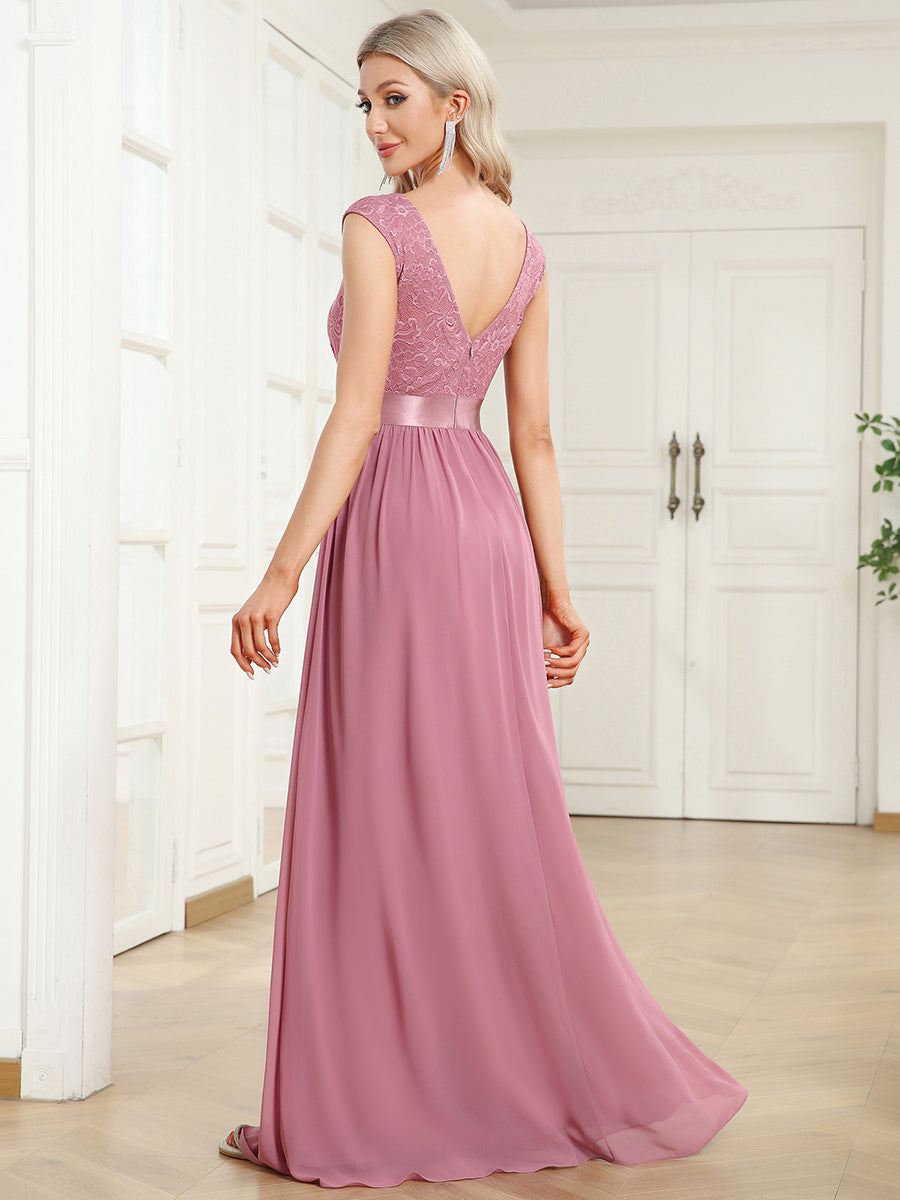 Wholesale V Back Belted Lace & Chiffon Bridesmaid Dresses
