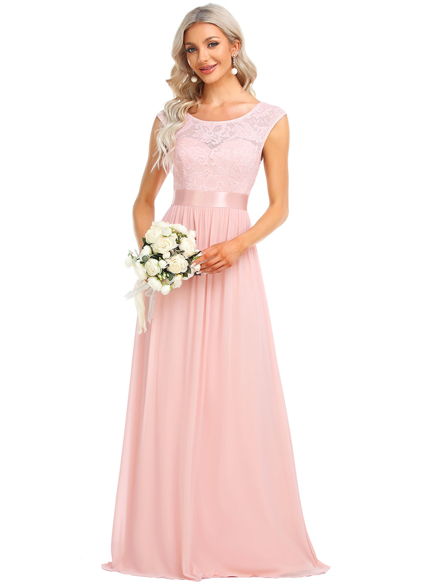 Wholesale V Back Belted Lace & Chiffon Bridesmaid Dresses