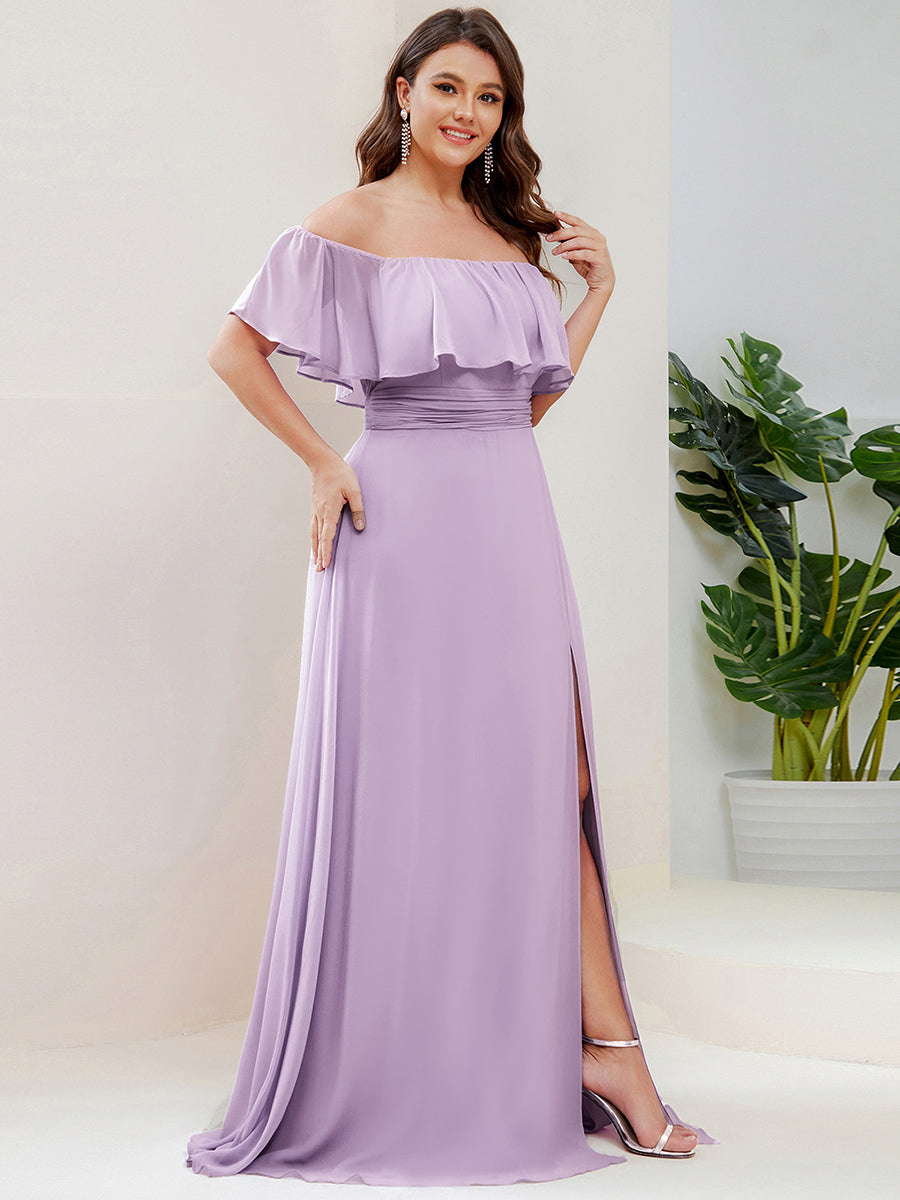 Color=Frosted Lilac | B2B-Exclusive Short Sleeve Off Shoulder Pleated A-Line Floor Length Bridesmaid Dresses-Frosted Lilac 9