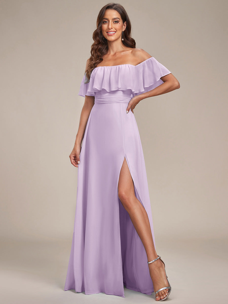 Color=Frosted Lilac | B2B-Exclusive Short Sleeve Off Shoulder Pleated A-Line Floor Length Bridesmaid Dresses-Frosted Lilac 1