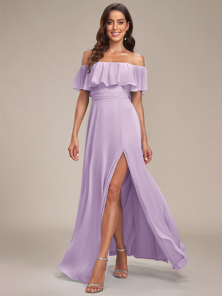 Color=Frosted Lilac | B2B-Exclusive Short Sleeve Off Shoulder Pleated A-Line Floor Length Bridesmaid Dresses-Frosted Lilac 5