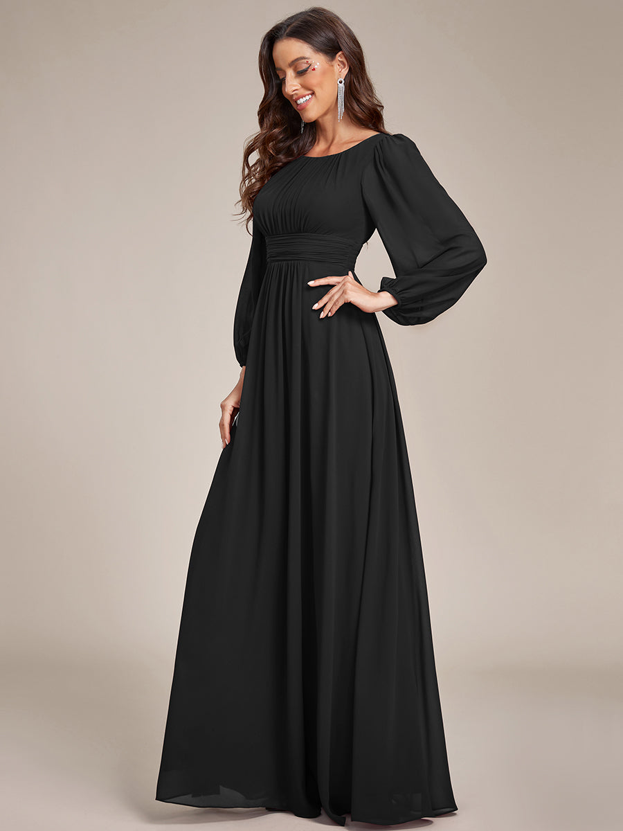 Color=Black | Round Neck Wholesale Bridesmaid Dresses with Long Lantern Sleeves-Black 4