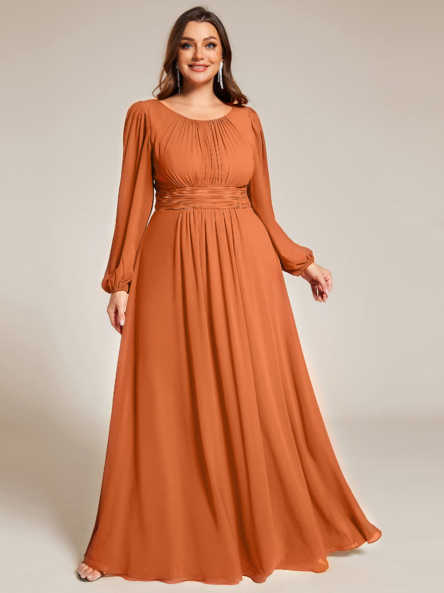 Color=Brandied Melon | Wholesale Long Sleeve Pleated Ruched A-Line Floor Length Bridesmaid Dresses-Brandied Melon 6