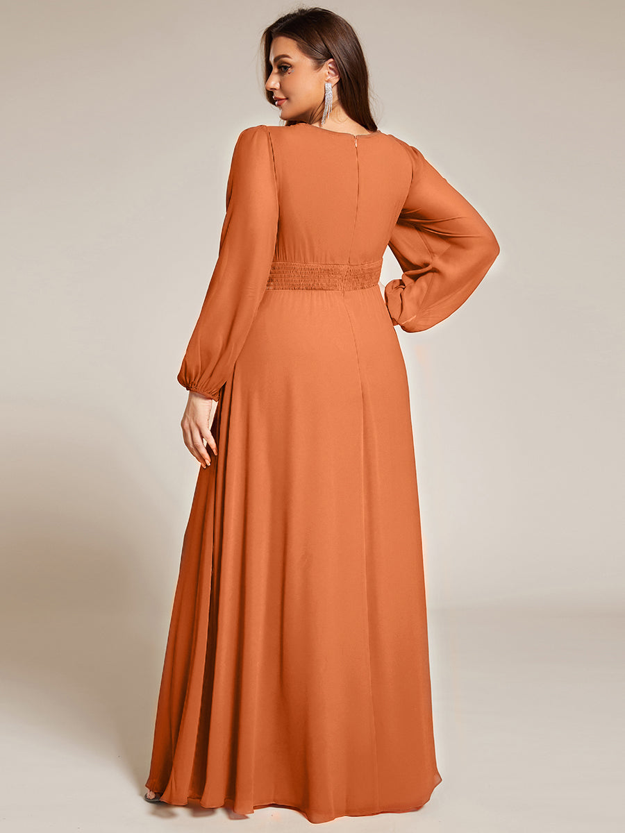 Color=Brandied Melon | Wholesale Long Sleeve Pleated Ruched A-Line Floor Length Bridesmaid Dresses-Brandied Melon 7