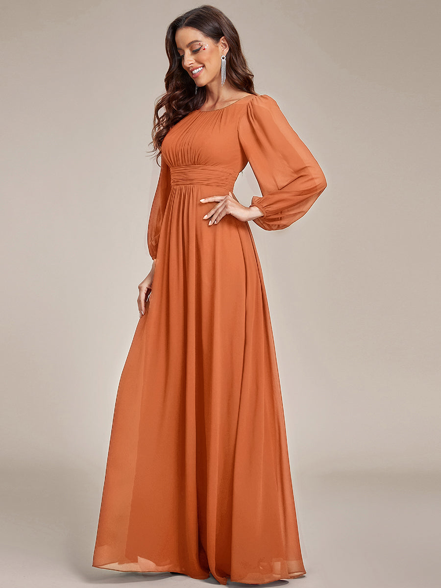 Color=Brandied Melon | Wholesale Long Sleeve Pleated Ruched A-Line Floor Length Bridesmaid Dresses-Brandied Melon 4