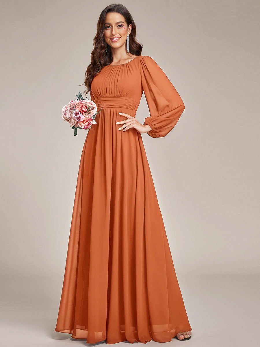 Color=Brandied Melon | Wholesale Long Sleeve Pleated Ruched A-Line Floor Length Bridesmaid Dresses-Brandied Melon 5