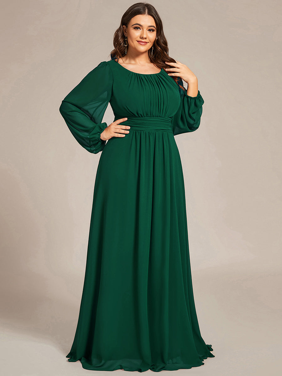 Color=Dark Green | Round Neck Wholesale Bridesmaid Dresses with Long Lantern Sleeves-Dark Green 1