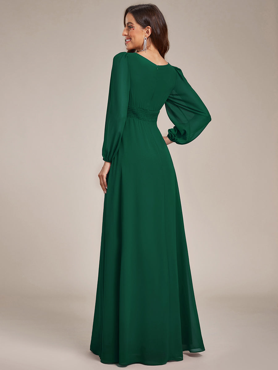 Color=Dark Green | Round Neck Wholesale Bridesmaid Dresses with Long Lantern Sleeves-Dark Green 3