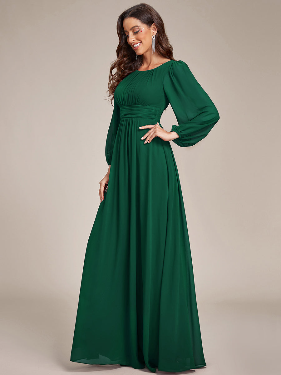 Color=Dark Green | Round Neck Wholesale Bridesmaid Dresses with Long Lantern Sleeves-Dark Green 2