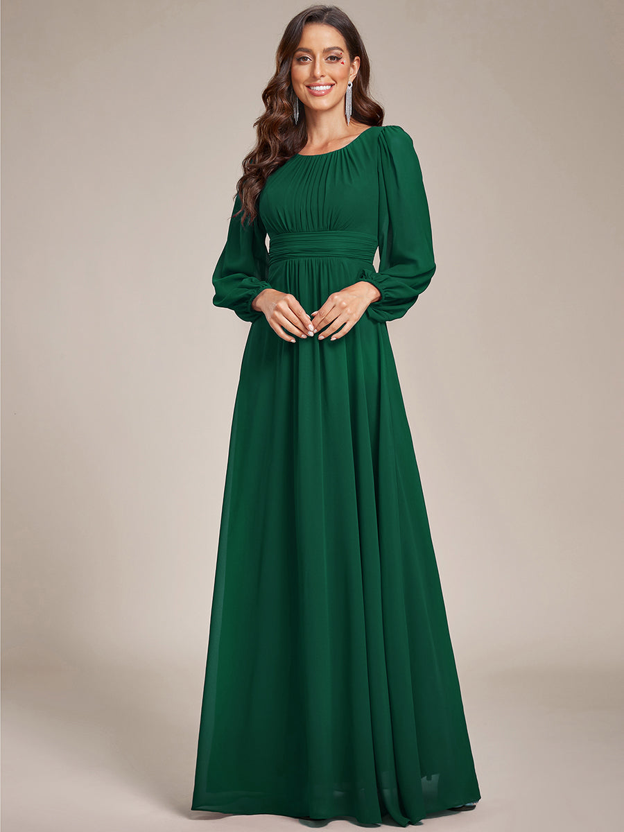 Color=Dark Green | Round Neck Wholesale Bridesmaid Dresses with Long Lantern Sleeves-Dark Green 1