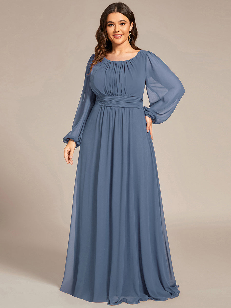 Color=Dusty Navy | Round Neck Wholesale Bridesmaid Dresses with Long Lantern Sleeves-Dusty Navy 1