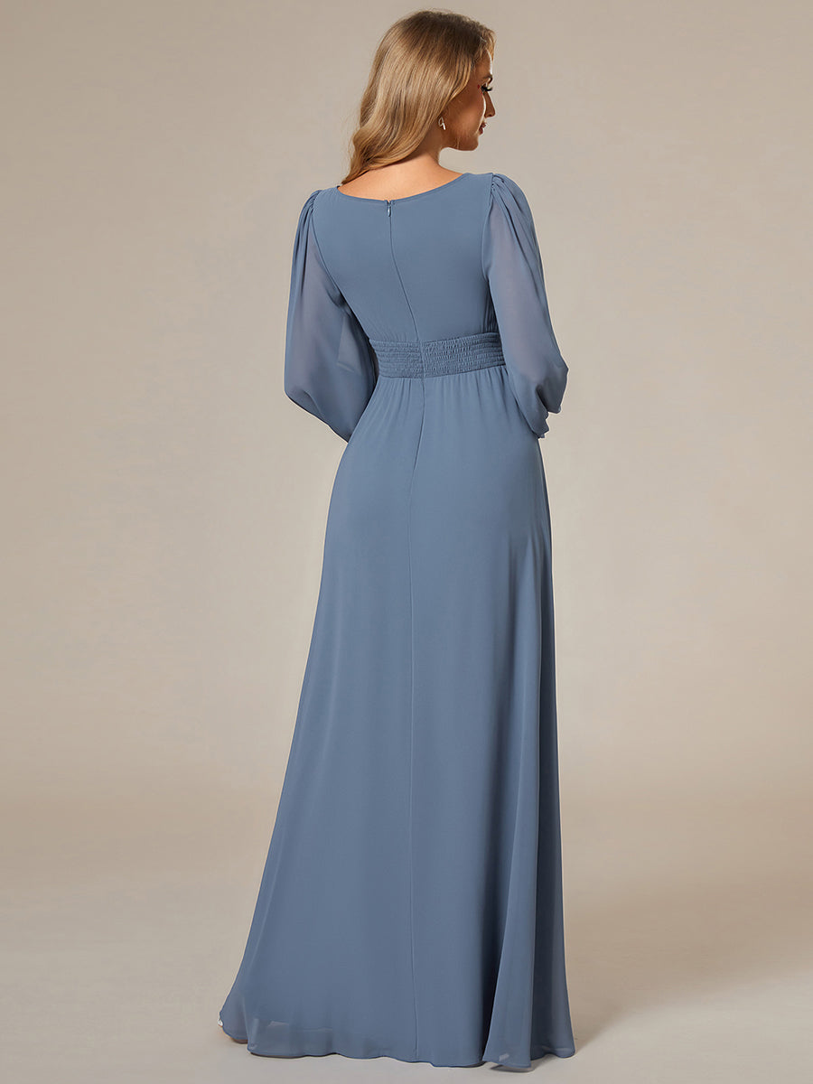 Color=Dusty Blue | Round Neck Wholesale Bridesmaid Dresses with Long Lantern Sleeves-Dusty Blue 2