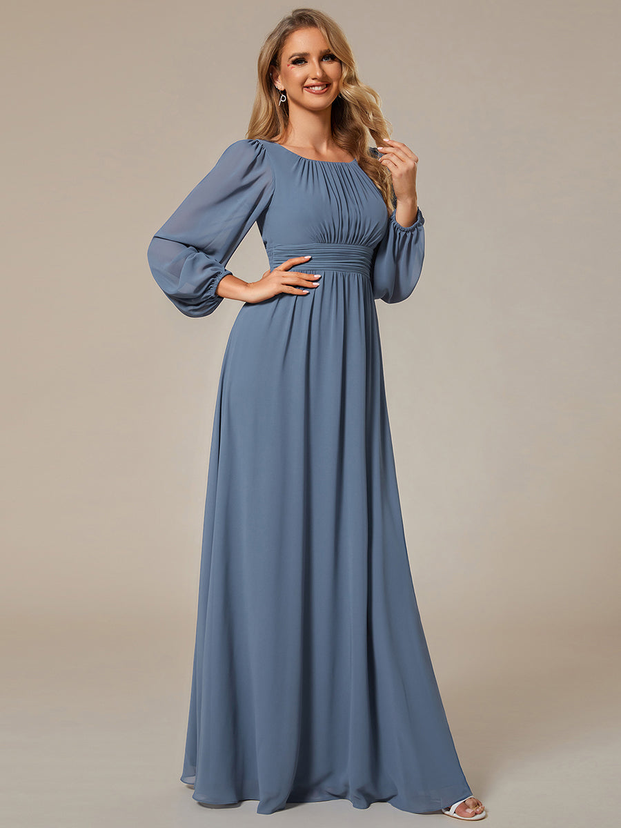 Color=Dusty Blue | Round Neck Wholesale Bridesmaid Dresses with Long Lantern Sleeves-Dusty Blue 3