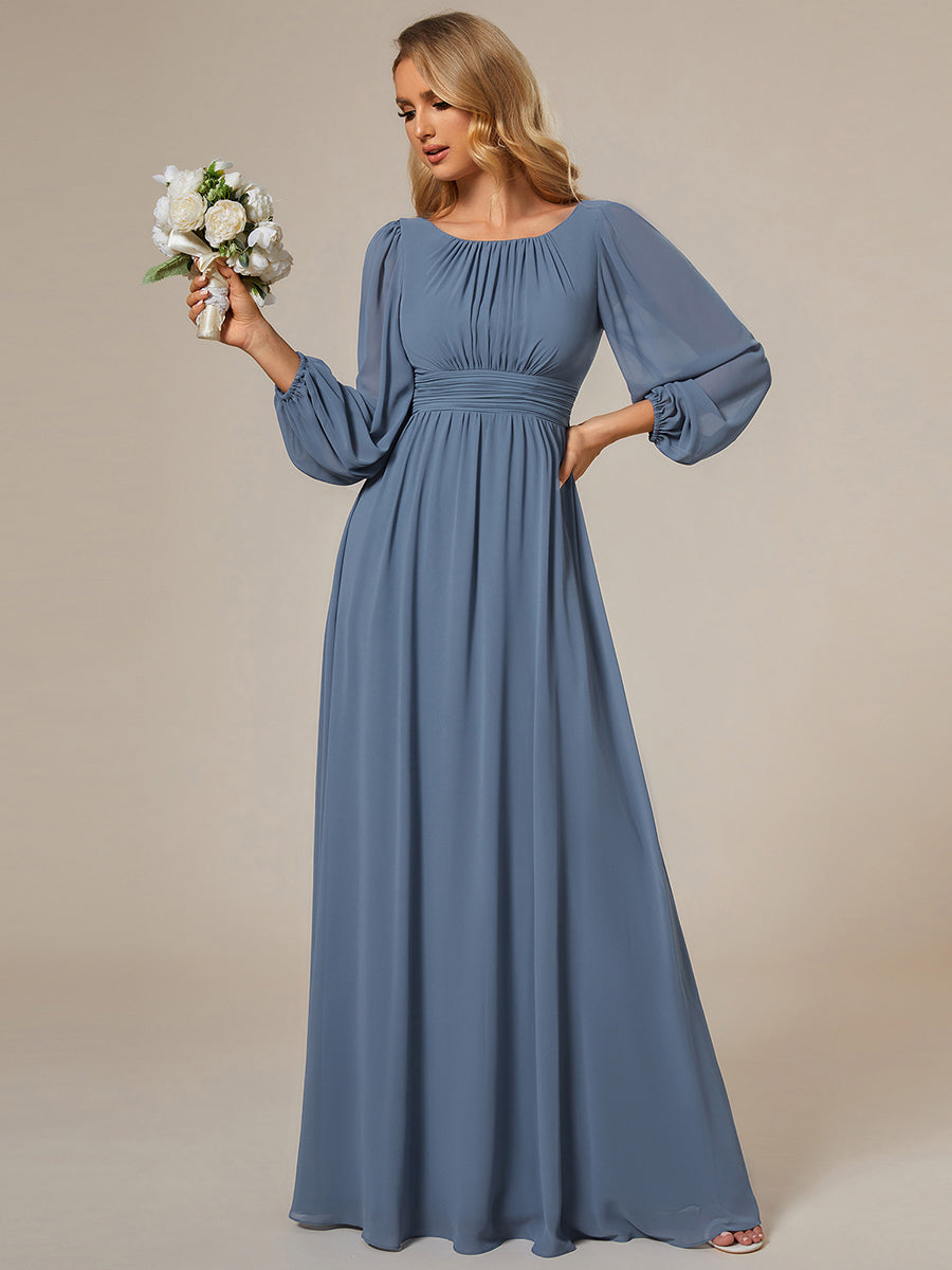 Color=Dusty Blue | Round Neck Wholesale Bridesmaid Dresses with Long Lantern Sleeves-Dusty Blue 4