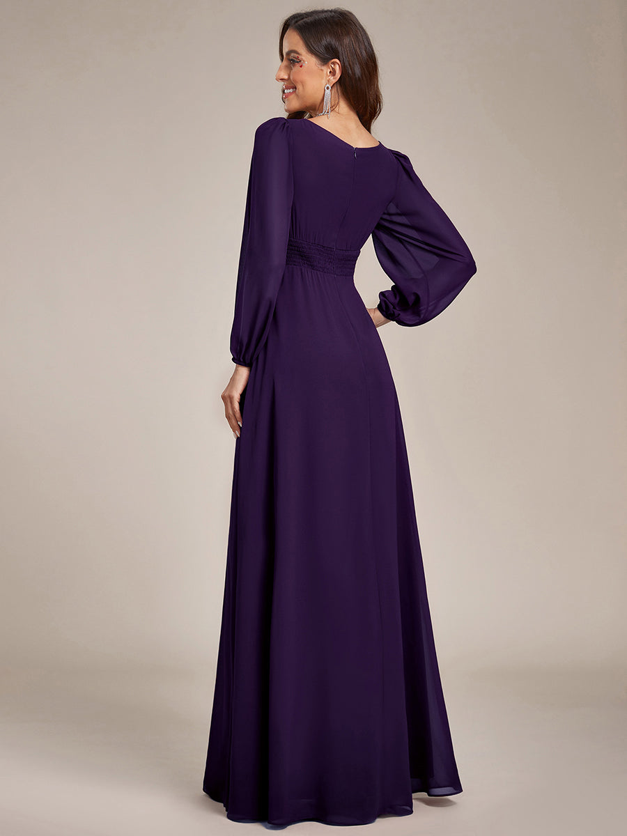 Color=Dark Purple | Round Neck Wholesale Bridesmaid Dresses with Long Lantern Sleeves-Dark Purple 3