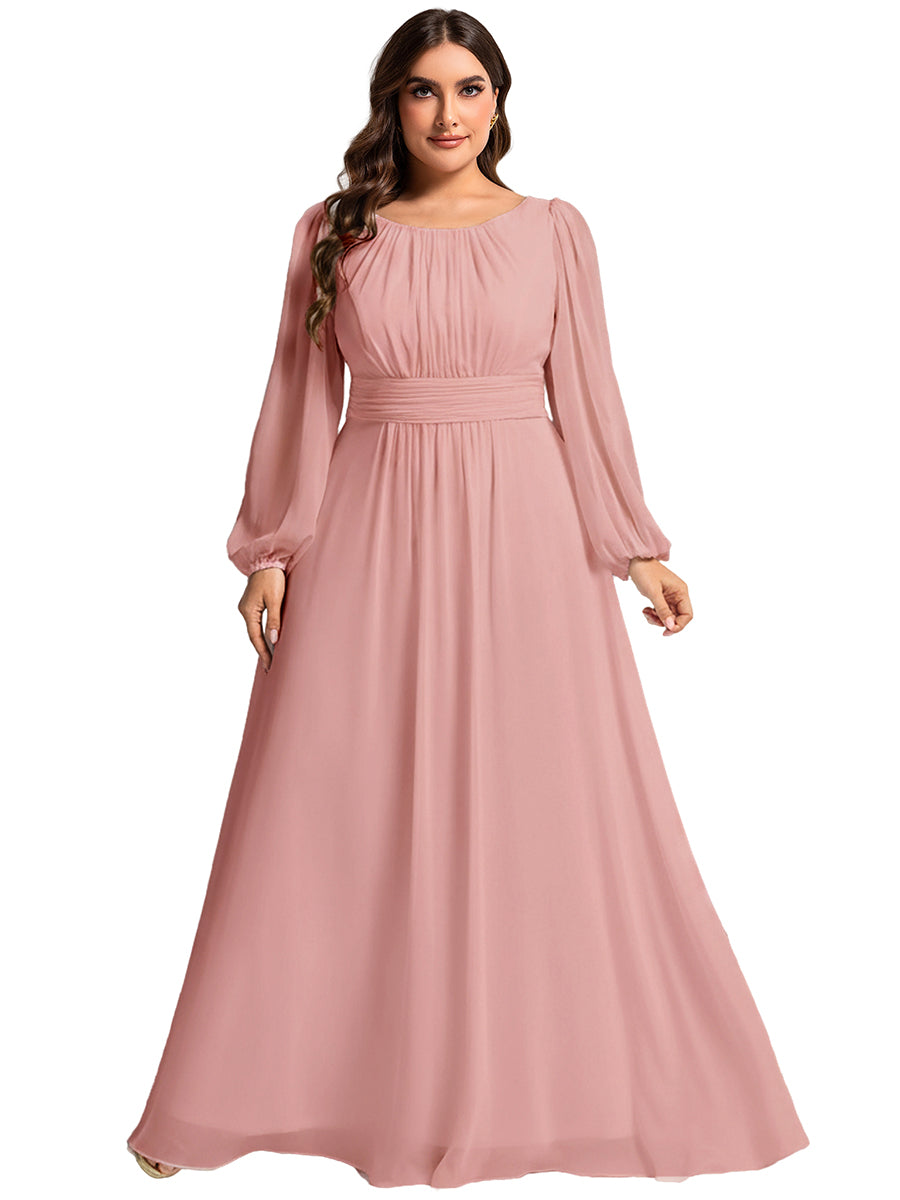 Plus Size Round Neck Wholesale Bridesmaid Dresses with Long Lantern Sleeves