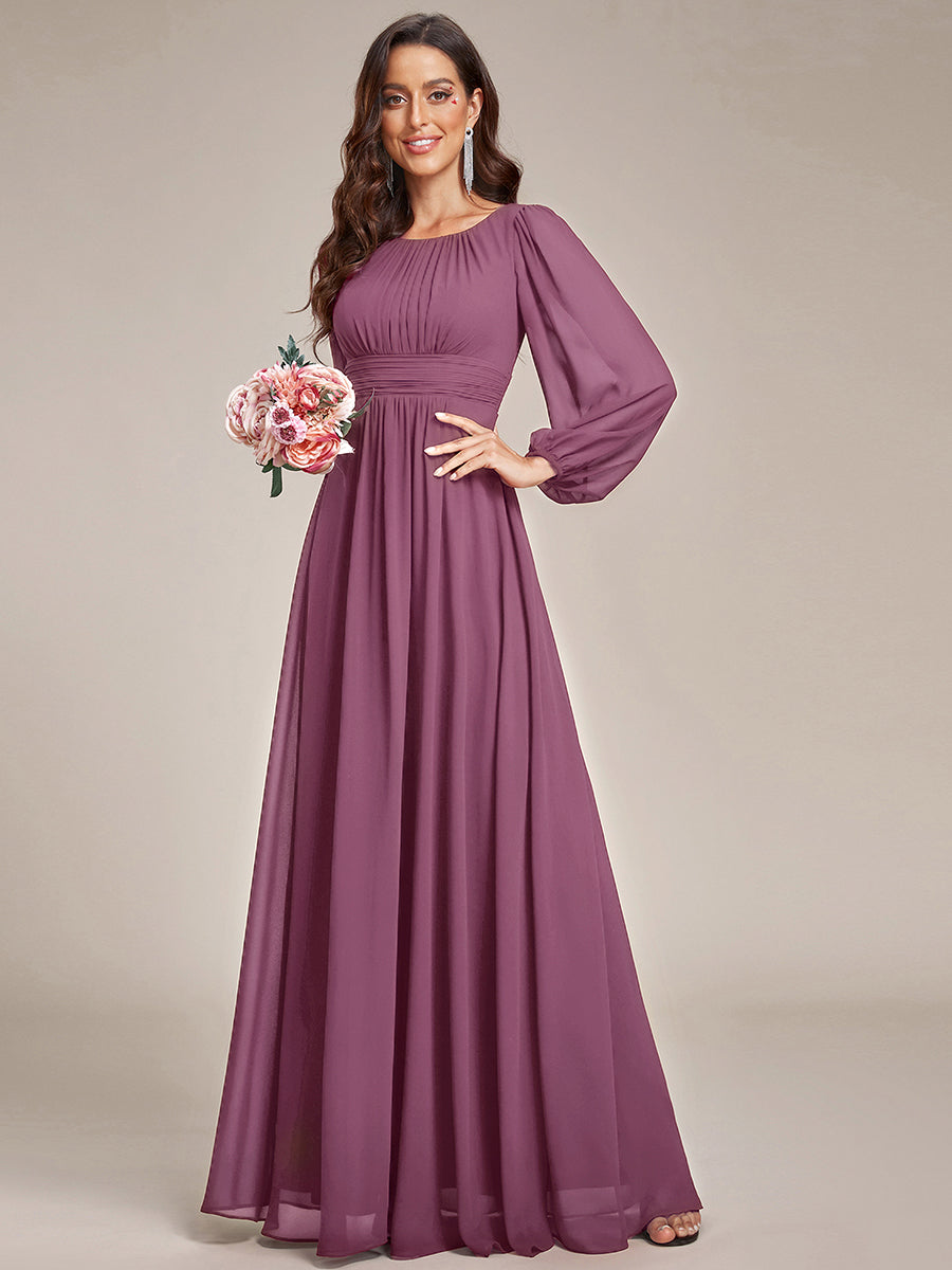 Color=Damson | Wholesale Long Sleeve Pleated Ruched A-Line Floor Length Bridesmaid Dresses-Damson 15