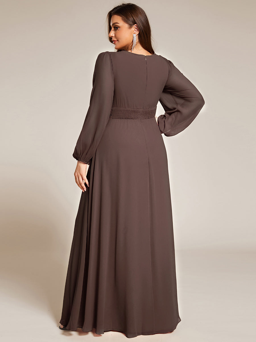 Color=Espresso | Wholesale Long Sleeve Pleated Ruched A-Line Floor Length Bridesmaid Dresses-Espresso 27
