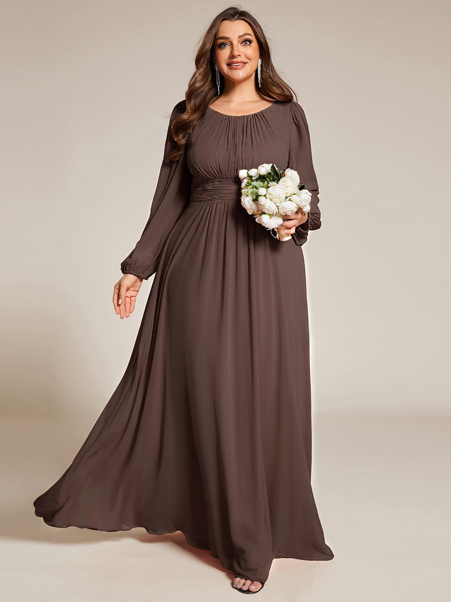 Color=Espresso | Wholesale Long Sleeve Pleated Ruched A-Line Floor Length Bridesmaid Dresses-Espresso 30