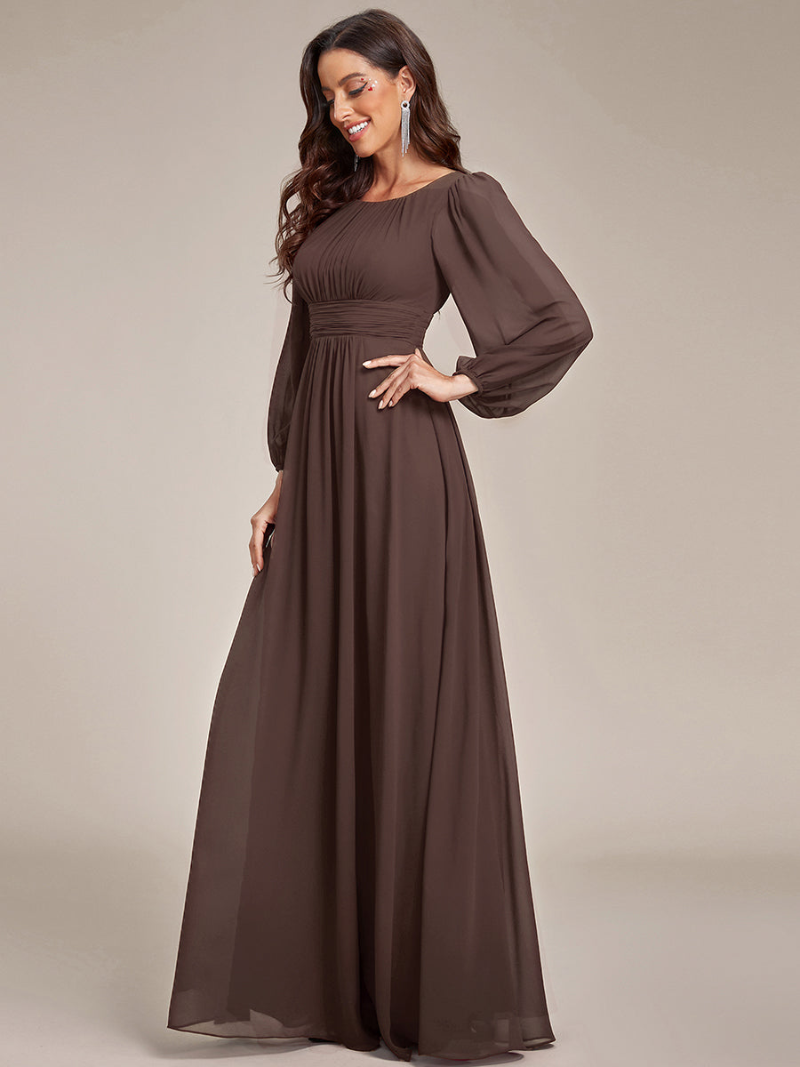 Color=Espresso | Wholesale Long Sleeve Pleated Ruched A-Line Floor Length Bridesmaid Dresses-Espresso 24