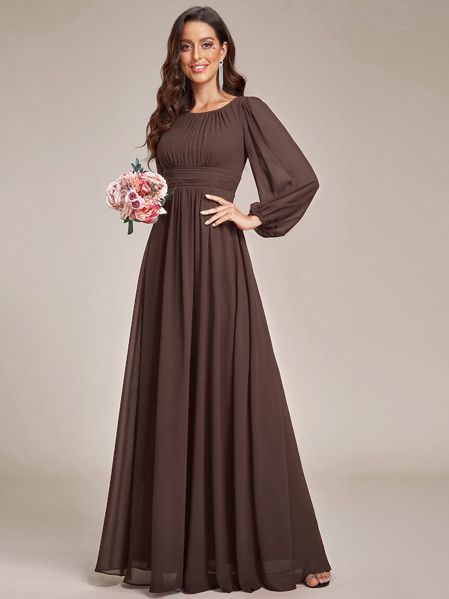 Color=Espresso | Wholesale Long Sleeve Pleated Ruched A-Line Floor Length Bridesmaid Dresses-Espresso 25