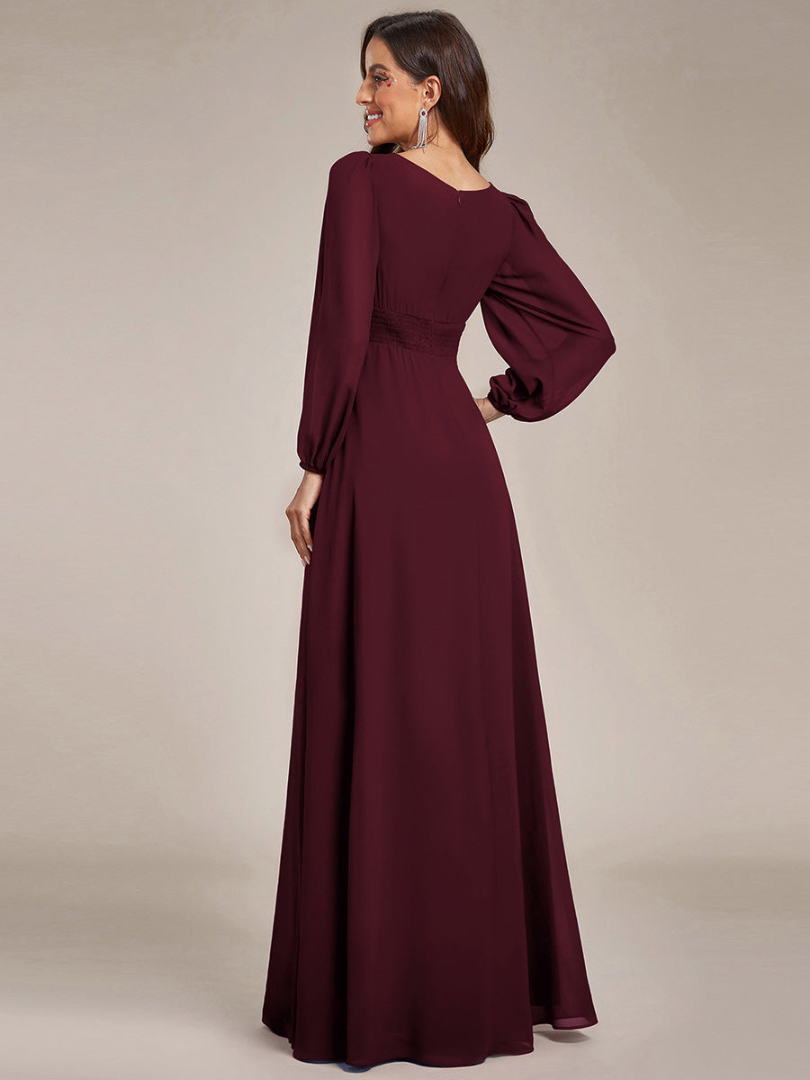 Color=MU | Round Neck Wholesale Bridesmaid Dresses with Long Lantern Sleeves