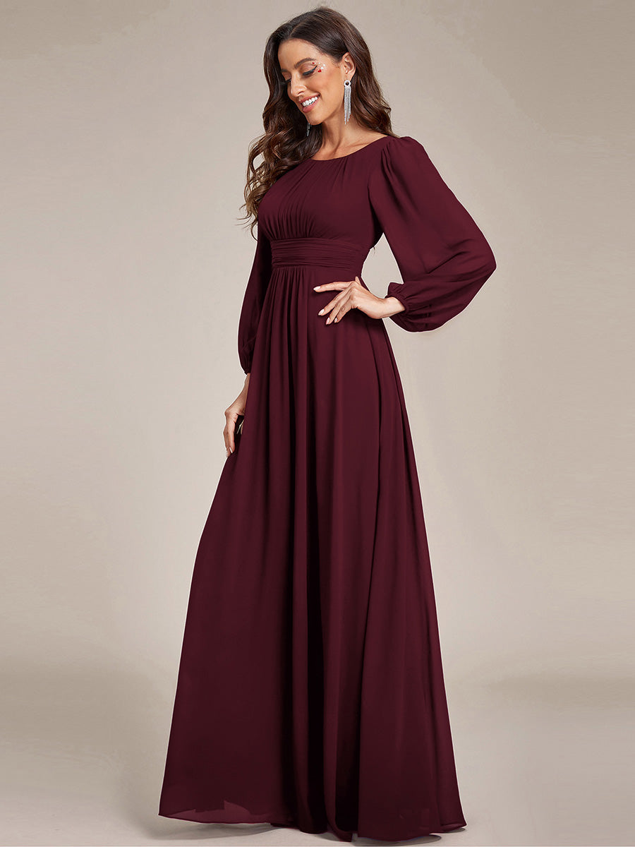 Color=MU | Round Neck Wholesale Bridesmaid Dresses with Long Lantern Sleeves