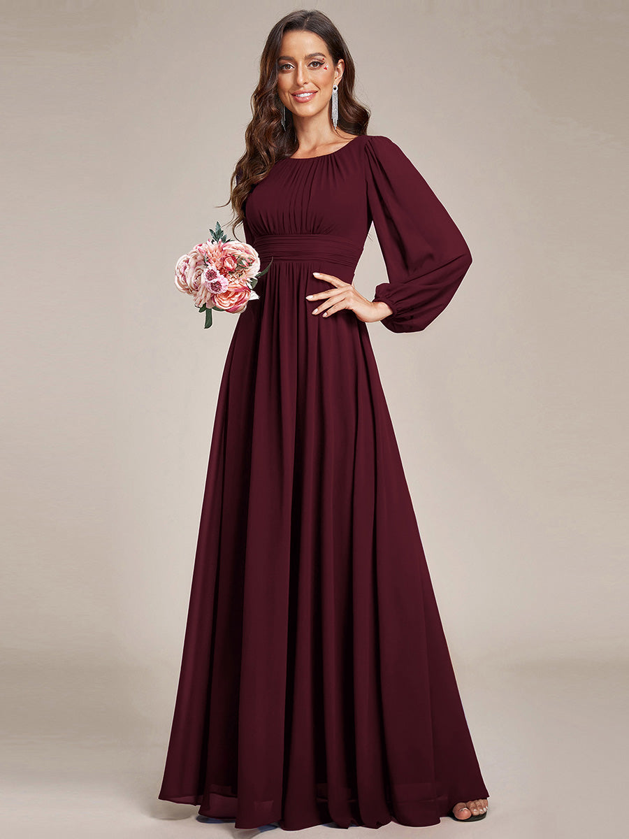 Color=MU | Round Neck Wholesale Bridesmaid Dresses with Long Lantern Sleeves
