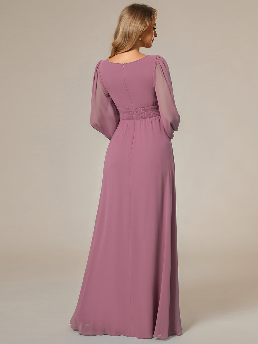Color=Orchid | Round Neck Wholesale Bridesmaid Dresses with Long Lantern Sleeves-Orchid 4