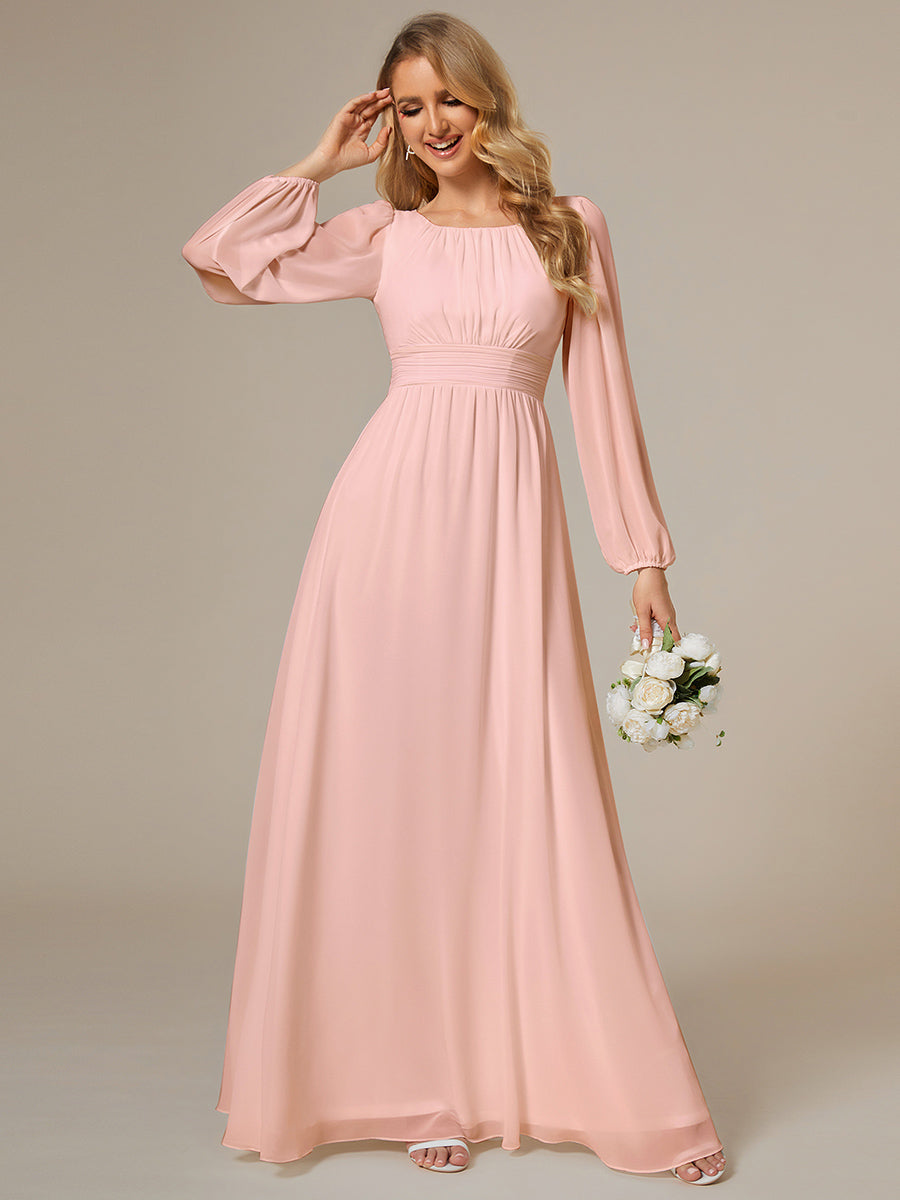 Color=Pink | Round Neck Wholesale Bridesmaid Dresses with Long Lantern Sleeves-Pink 1