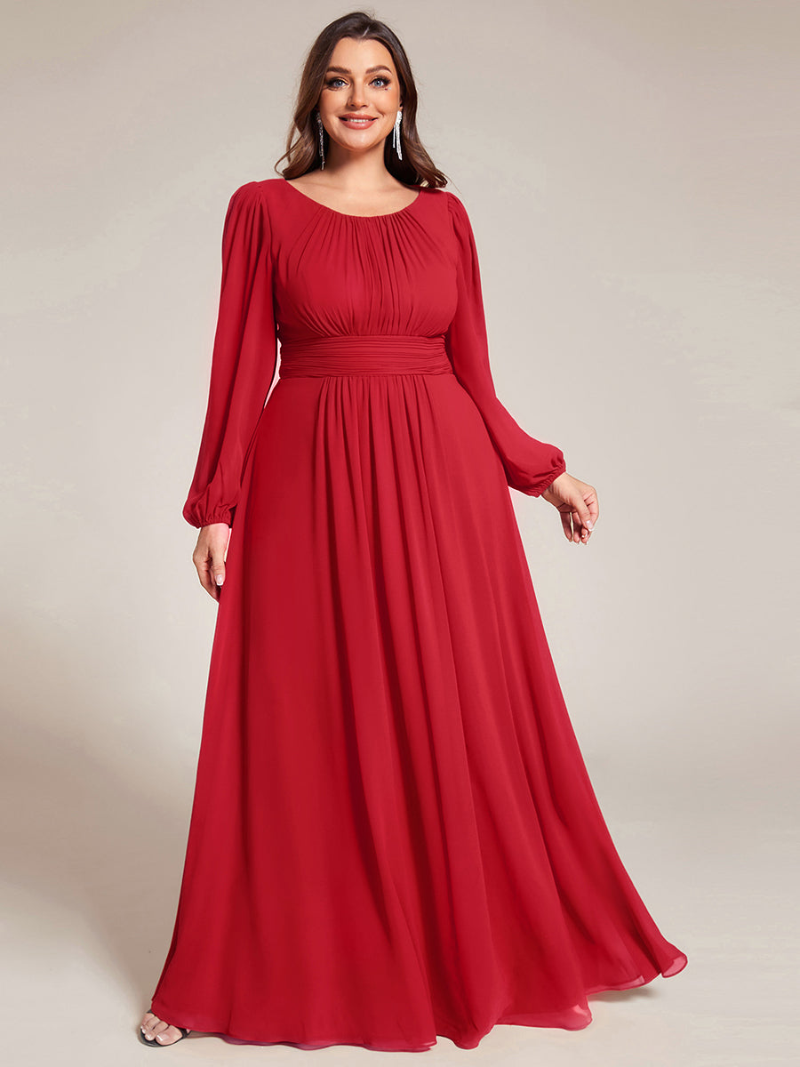 Color=Red | Wholesale Long Sleeve Pleated Round Neck A-Line Floor Length Bridesmaid Dresses-Red 1