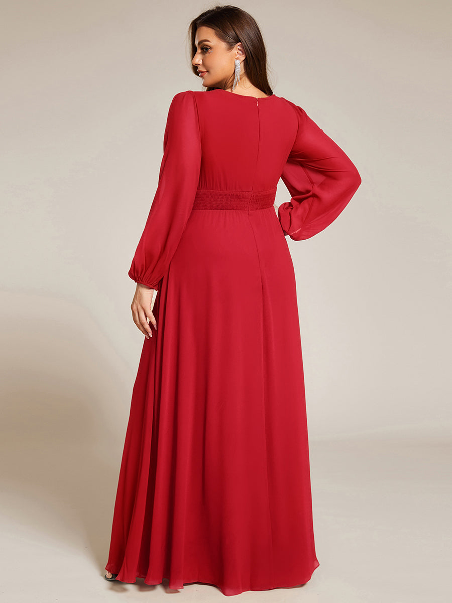 Color=Red | Wholesale Long Sleeve Pleated Round Neck A-Line Floor Length Bridesmaid Dresses-Red 2