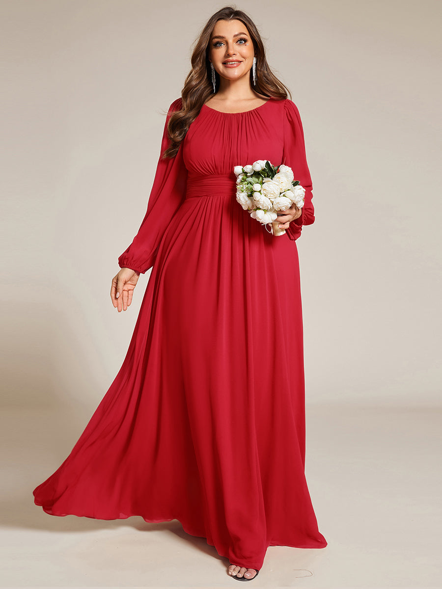 Color=Red | Wholesale Long Sleeve Pleated Round Neck A-Line Floor Length Bridesmaid Dresses-Red 5
