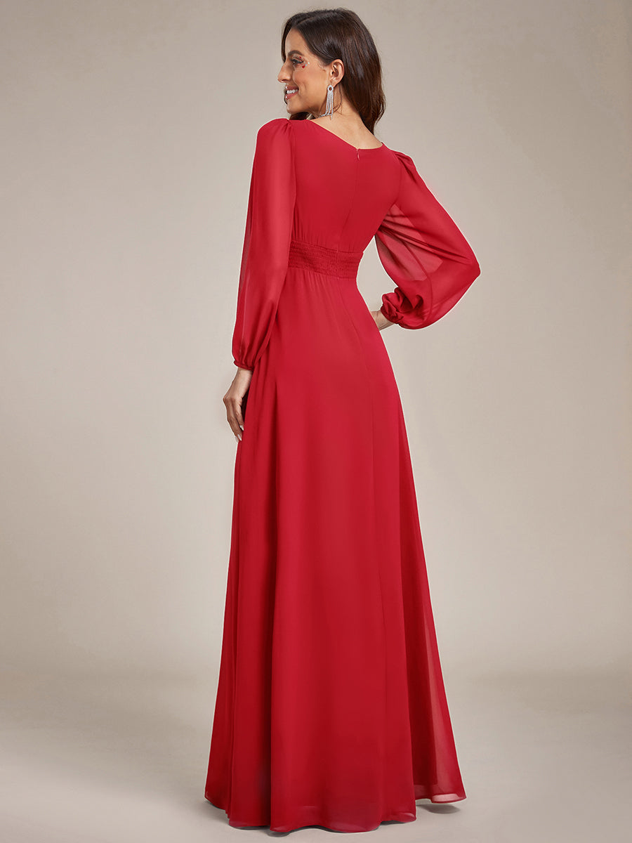 Color=Red | Wholesale Long Sleeve Pleated Round Neck A-Line Floor Length Bridesmaid Dresses-Red 2
