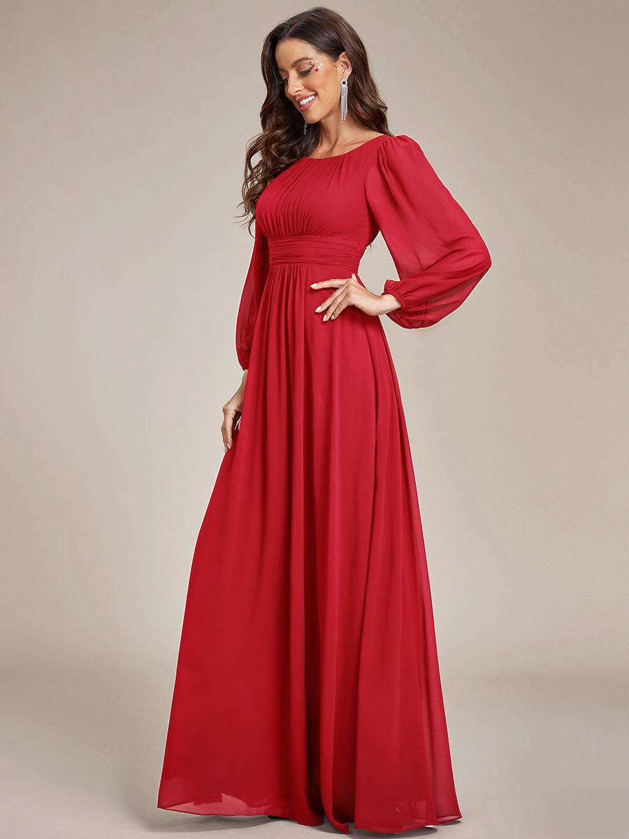 Color=Red | Wholesale Long Sleeve Pleated Round Neck A-Line Floor Length Bridesmaid Dresses-Red 4