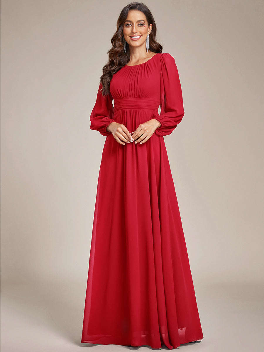 Color=Red | Wholesale Long Sleeve Pleated Round Neck A-Line Floor Length Bridesmaid Dresses-Red 5