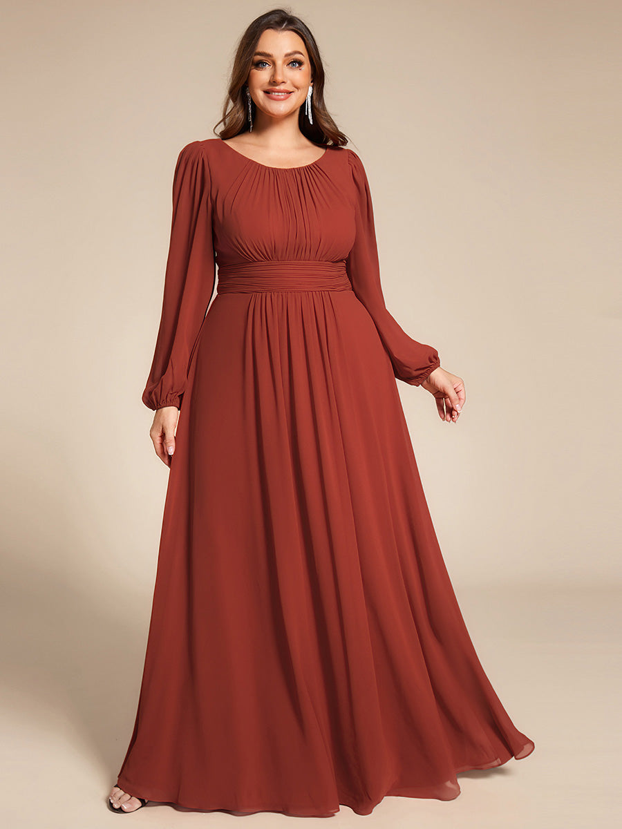 Color=Vermilion | Wholesale Long Sleeve Pleated Ruched A-Line Floor Length Bridesmaid Dresses-Vermilion 46