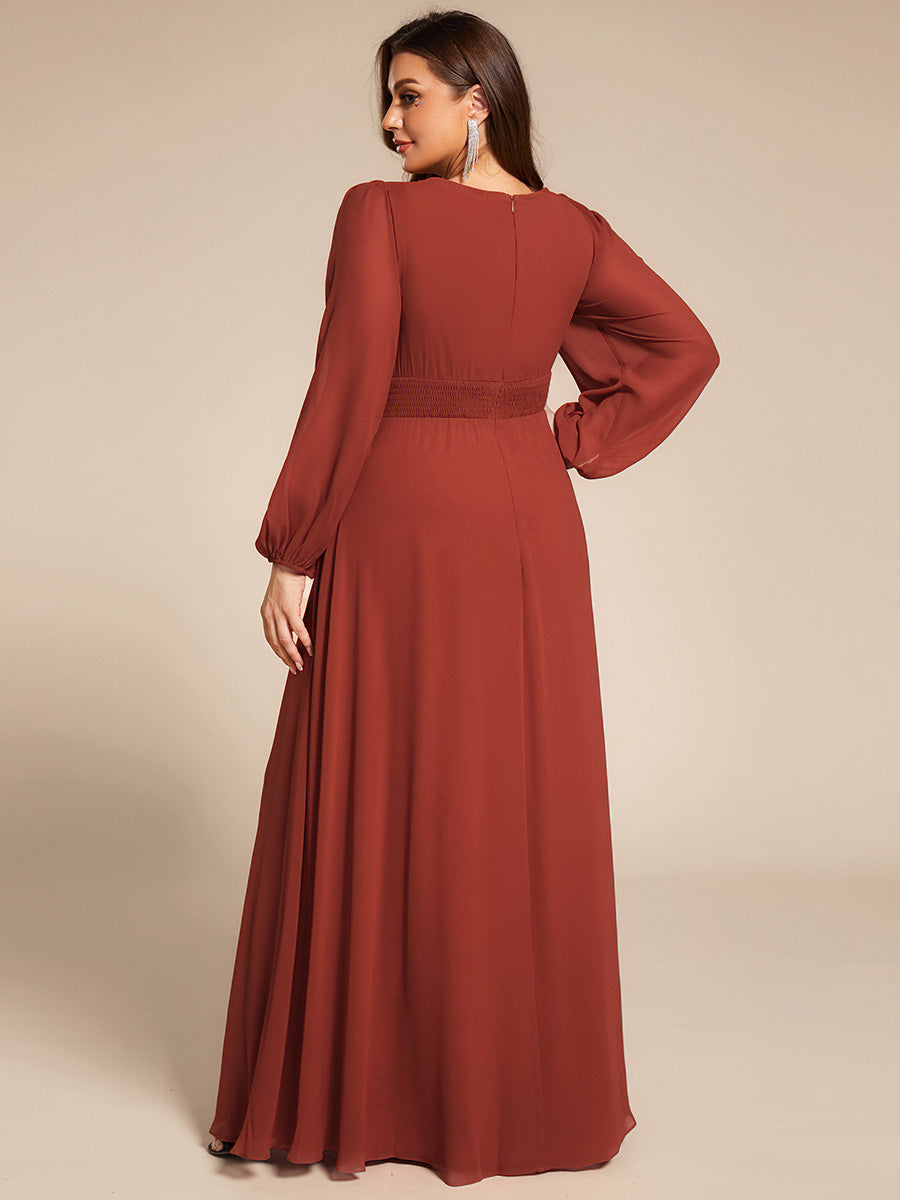 Color=Vermilion | Wholesale Long Sleeve Pleated Ruched A-Line Floor Length Bridesmaid Dresses-Vermilion 47