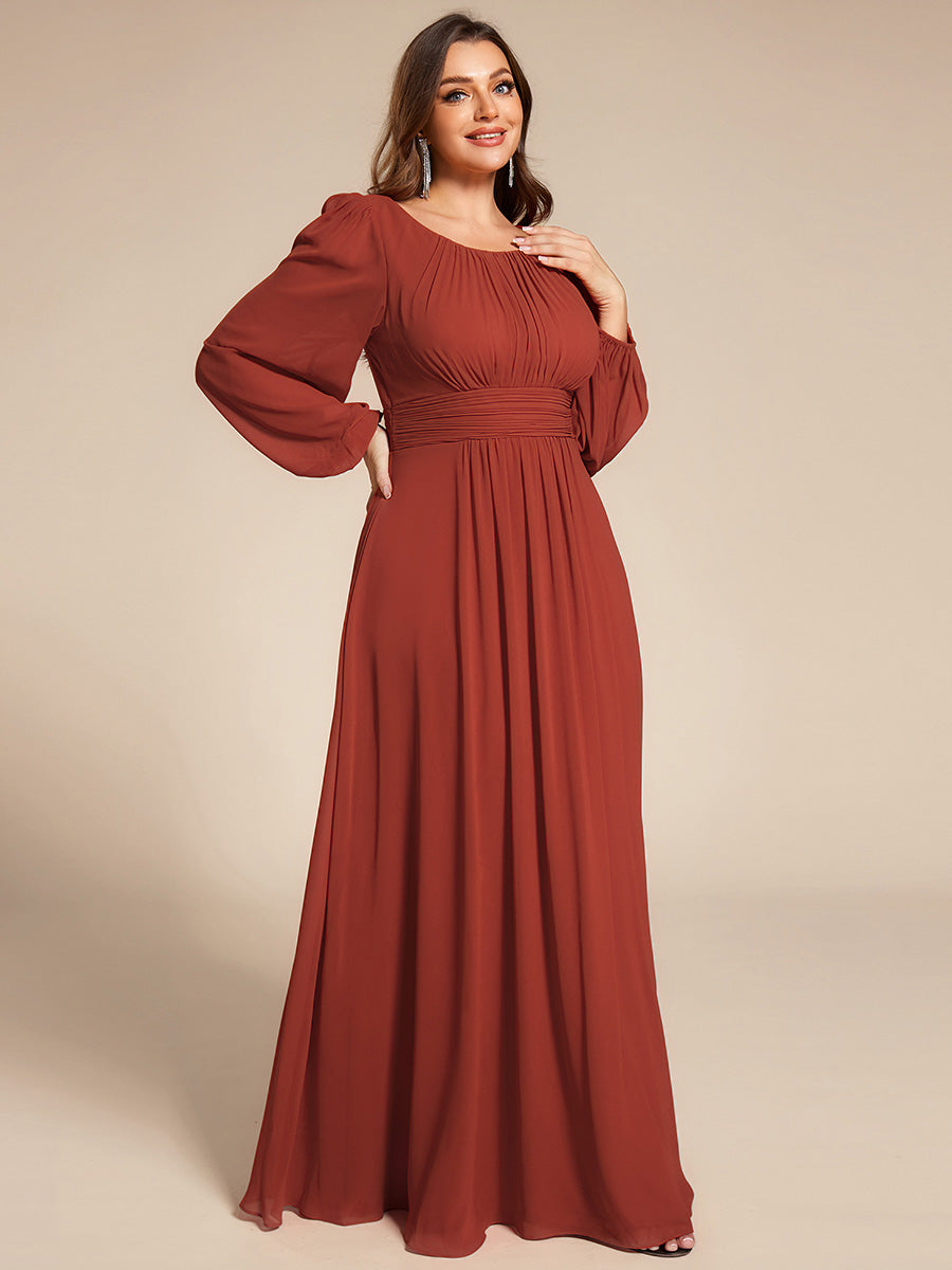 Color=Vermilion | Wholesale Long Sleeve Pleated Ruched A-Line Floor Length Bridesmaid Dresses-Vermilion 49