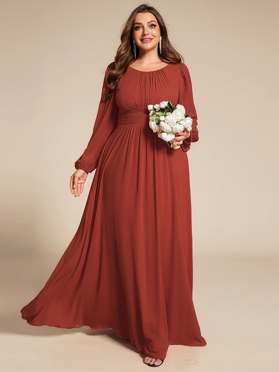 Color=Vermilion | Wholesale Long Sleeve Pleated Ruched A-Line Floor Length Bridesmaid Dresses-Vermilion 50