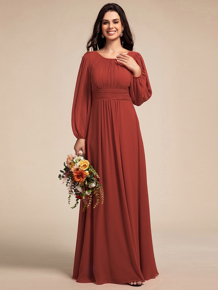 Color=Vermilion | Wholesale Long Sleeve Pleated Ruched A-Line Floor Length Bridesmaid Dresses-Vermilion 44