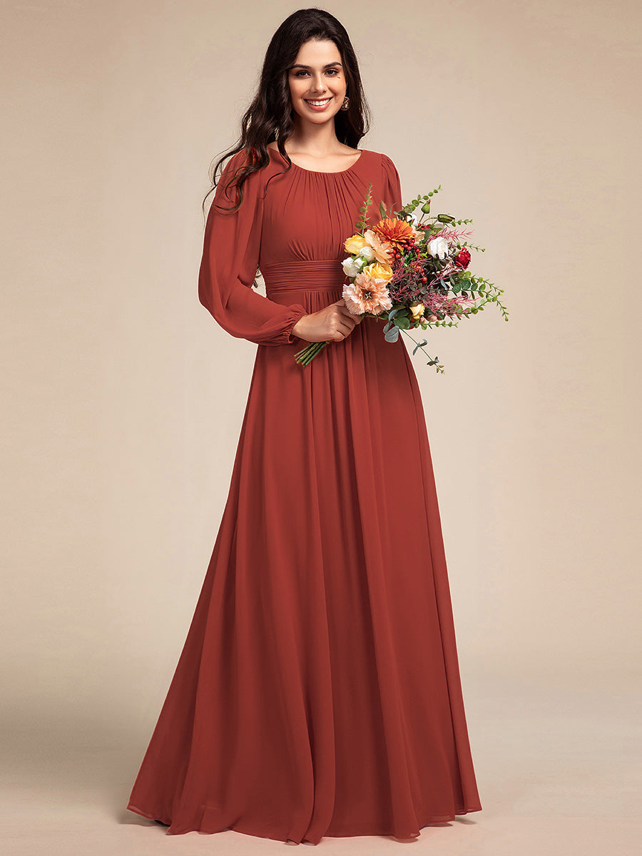 Color=Vermilion | Wholesale Long Sleeve Pleated Ruched A-Line Floor Length Bridesmaid Dresses-Vermilion 45
