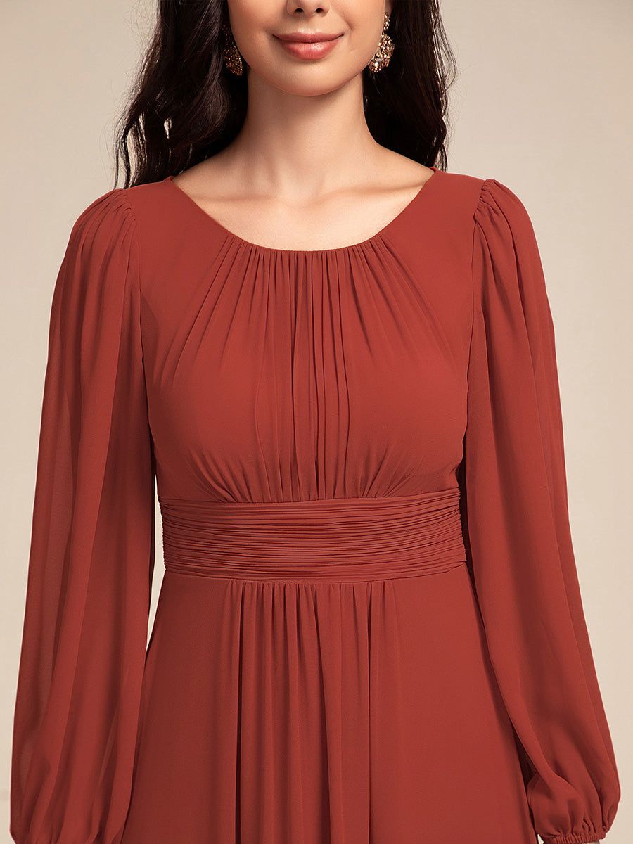 Color=Vermilion | Wholesale Long Sleeve Pleated Ruched A-Line Floor Length Bridesmaid Dresses-Vermilion 43