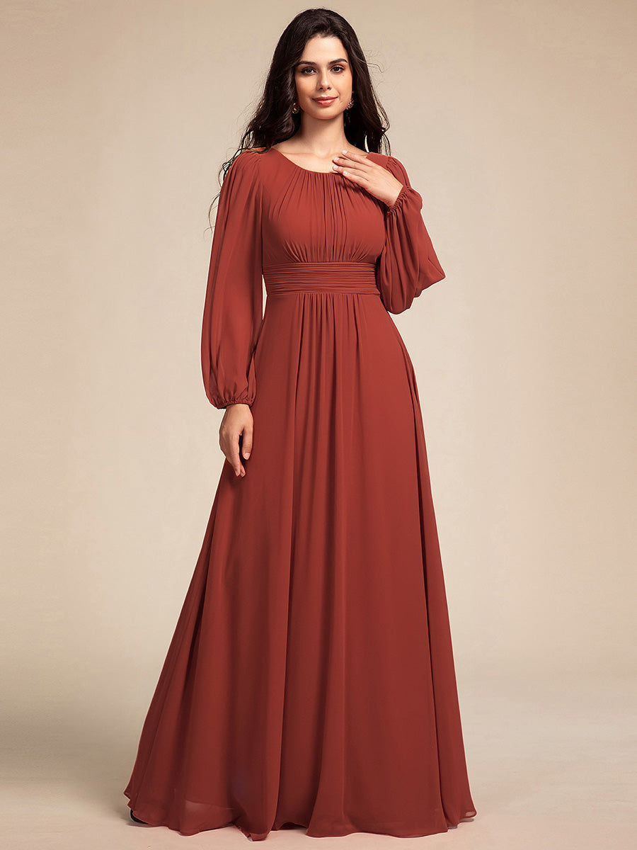Color=Vermilion | Wholesale Long Sleeve Pleated Ruched A-Line Floor Length Bridesmaid Dresses-Vermilion 41