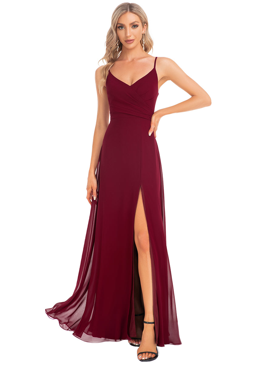 Color=Burgundy | Elegant Spaghetti Straps Wholesale Chiffon Bridesmaid Dresses-Burgundy 21