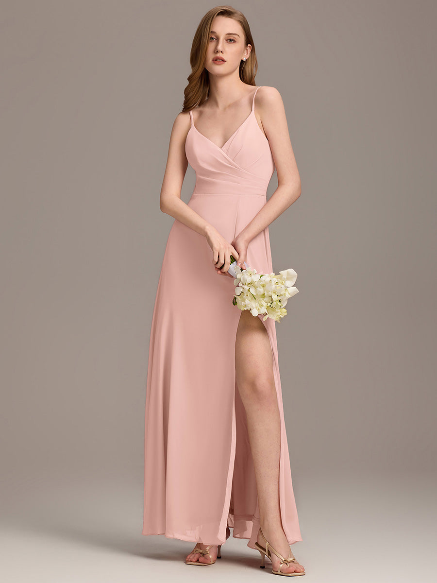 Color=Pink | Elegant Spaghetti Straps Wholesale Chiffon Bridesmaid Dresses-Pink 57