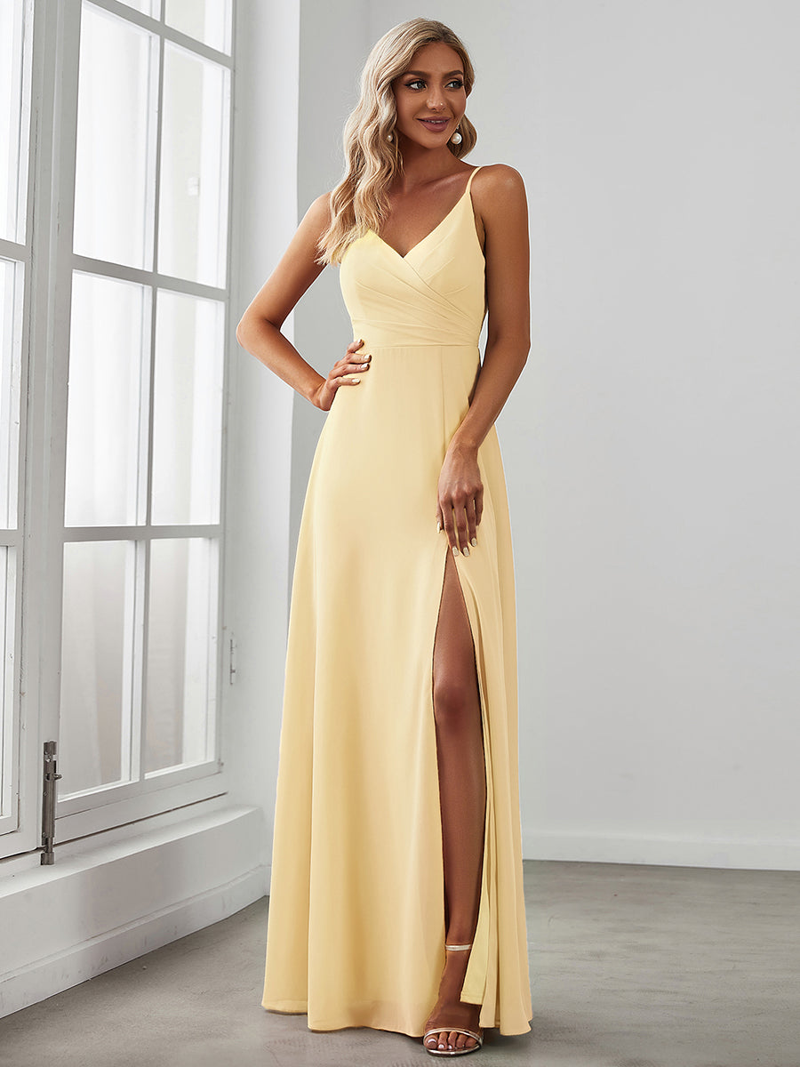 Color=Yellow | Elegant Spaghetti Straps Wholesale Chiffon Bridesmaid Dresses-Yellow 75