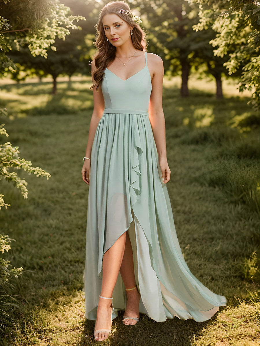 Color=Mint Green | Spaghetti Straps Slit A-Line Wholesale Chiffon Bridesmaid Dress With Ruffle Detail-Mint Green 1